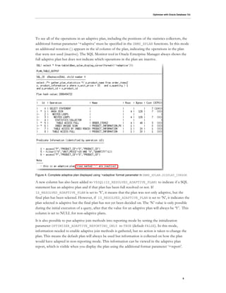 Optimizer with Oracle Database 12c
5
To see all of the operations in an adaptive plan, including the positions of the statistics collectors, the
additional format parameter ‘+adaptive’ must be specified in the DBMS_XPLAN functions. In this mode
an additional notation (-) appears in the id column of the plan, indicating the operations in the plan
that were not used (inactive). The SQL Monitor tool in Oracle Enterprise Manager always shows the
full adaptive plan but does not indicate which operations in the plan are inactive.
Figure 4. Complete adaptive plan displayed using ‘+adaptive’ format parameter in DBMS_XPLAN.DISPLAY_CURSOR
A new column has also been added to V$SQL(IS_RESOLVED_ADAPTIVE_PLAN) to indicate if a SQL
statement has an adaptive plan and if that plan has been full resolved or not. If
IS_RESOLVED_ADAPTIVE_PLAN is set to ‘Y’, it means that the plan was not only adaptive, but the
final plan has been selected. However, if IS_RESOLVED_ADAPTIVE_PLAN is set to ‘N’, it indicates the
plan selected is adaptive but the final plan has not yet been decided on. The ‘N’ value is only possible
during the initial execution of a query, after that the value for an adaptive plan will always be ‘Y’. This
column is set to NULL for non-adaptive plans.
It is also possible to put adaptive join methods into reporting mode by setting the initialization
parameter OPTIMIZER_ADAPTIVE_REPORTING_ONLY to TRUE (default FALSE). In this mode,
information needed to enable adaptive join methods is gathered, but no action is taken to change the
plan. This means the default plan will always be used but information is collected on how the plan
would have adapted in non-reporting mode. This information can be viewed in the adaptive plan
report, which is visible when you display the plan using the additional format parameter ‘+report’.
 