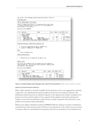 Optimizer with Oracle Database 12c
6
Figure 5. Complete adaptive report displayed using ‘+report’ format parameter in DBMS_XPLAN.DISPLAY_CURSOR
Adaptive Parallel Distribution Methods
When a SQL statement is executed in parallel certain operations, such as sorts, aggregations, and joins
require data to be redistributed among the parallel server processes executing the statement. The
distribution method chosen by the optimizer depends on the operation, the number of parallel server
processes involved, and the number of rows expected. If the optimizer inaccurately estimates the
number of rows, then the distribution method chosen could be suboptimal and could result in some
parallel server processes being underutilized.
With the new adaptive distribution method, HYBRID HASH the optimizer can defer its distribution
method decision until execution, when it will have more information on the number of rows involved.
A statistics collector is inserted before the operation and if the actual number of rows buffered is less
 