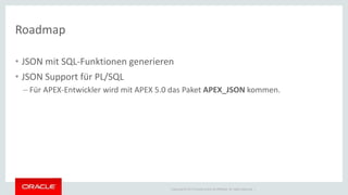 Copyright © 2014 Oracle and/or its affiliates. All rights reserved. | 
Roadmap 
• JSON mit SQL-Funktionen generieren 
• JSON Support für PL/SQL 
– Für APEX-Entwickler wird mit APEX 5.0 das Paket APEX_JSON kommen. 
 