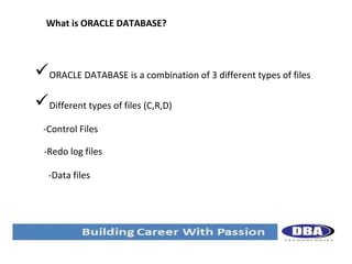 What is ORACLE DATABASE?

ORACLE DATABASE is a combination of 3 different types of files
Different types of files (C,R,D)
-Control Files
-Redo log files
-Data files

 