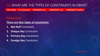 Q5.WHAT ARE THE TYPES OF CONSTRAINTS IN DBMS?
PROBABILITY: Medium
TYPE: Conceptual EXPERIENCE: Any COMPLEXITY: Low
TOPIC: DBMS
Explanation:
There are four types of constraints:
1. Not Null Constraint.
2. Unique Key Constraint.
3. Primary Key Constraint.
4. Foreign Key Constraint.
- ORACLELAND
 