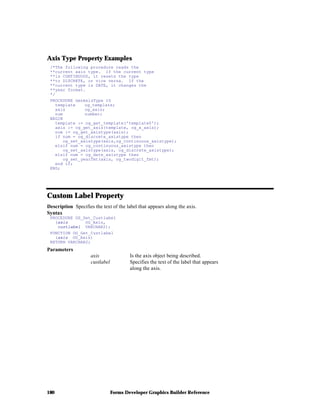 Forms Developer Graphics Builder Reference180
Axis Type Property Examples
/*The following procedure reads the
**current axis type. If the current type
**is CONTINUOUS, it resets the type
**to DISCRETE, or vice versa. If the
**current type is DATE, it changes the
**year format.
*/
PROCEDURE GenAxisType IS
template og_template;
axis og_axis;
num number;
BEGIN
template := og_get_template('template0');
axis := og_get_axis(template, og_x_axis);
num := og_get_axistype(axis);
if num = og_discrete_axistype then
og_set_axistype(axis,og_continuous_axistype);
elsif num = og_continuous_axistype then
og_set_axistype(axis, og_discrete_axistype);
elsif num = og_date_axistype then
og_set_yearfmt(axis, og_twodigit_fmt);
end if;
END;
Custom Label Property
Description Specifies the text of the label that appears along the axis.
Syntax
PROCEDURE OG_Set_Custlabel
(axis OG_Axis,
custlabel VARCHAR2);
FUNCTION OG_Get_Custlabel
(axis OG_Axis)
RETURN VARCHAR2;
Parameters
axis Is the axis object being described.
custlabel Specifies the text of the label that appears
along the axis.
 