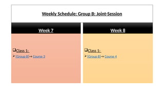 Weekly Schedule: Group B: Joint-Session
Week 7 Week 8
Class 1:
[Group B]→ Course 4
Class 1:
[Group B]→ Course 3
 