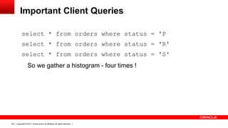 Copyright © 2013, Oracle and/or its affiliates. All rights reserved.28
Important Client Queries
select * from orders where status = 'P
select * from orders where status = 'R'
select * from orders where status = 'S'
So we gather a histogram - four times !
 