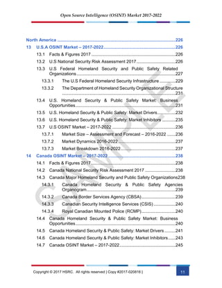 Open Source Intelligence (OSINT) Market 2017-2022
Copyright © 2017 HSRC. All rights reserved | Copy #2017-020816 | 11
North America .................................................................................................226
13 U.S.A OSINT Market – 2017-2022...........................................................226
13.1 Facts & Figures 2017 .....................................................................226
13.2 U.S National Security Risk Assessment 2017................................226
13.3 U.S Federal Homeland Security and Public Safety Related
Organizations .................................................................................227
13.3.1 The U.S Federal Homeland Security Infrastructure .............229
13.3.2 The Department of Homeland Security Organizational Structure
.............................................................................................231
13.4 U.S. Homeland Security & Public Safety Market: Business
Opportunities..................................................................................231
13.5 U.S. Homeland Security & Public Safety: Market Drivers...............232
13.6 U.S. Homeland Security & Public Safety: Market Inhibitors ...........235
13.7 U.S OSINT Market – 2017-2022 ....................................................236
13.7.1 Market Size – Assessment and Forecast – 2016-2022 .......236
13.7.2 Market Dynamics 2016-2022...............................................237
13.7.3 Market Breakdown 2016-2022.............................................237
14 Canada OSINT Market – 2017-2022 .......................................................238
14.1 Facts & Figures 2017 .....................................................................238
14.2 Canada National Security Risk Assessment 2017 .........................238
14.3 Canada Major Homeland Security and Public Safety Organizations238
14.3.1 Canada Homeland Security & Public Safety Agencies
Organogram.........................................................................239
14.3.2 Canada Border Services Agency (CBSA)............................239
14.3.3 Canadian Security Intelligence Services (CSIS)..................240
14.3.4 Royal Canadian Mounted Police (RCMP)............................240
14.4 Canada Homeland Security & Public Safety Market: Business
Opportunities..................................................................................240
14.5 Canada Homeland Security & Public Safety: Market Drivers .........241
14.6 Canada Homeland Security & Public Safety: Market Inhibitors......243
14.7 Canada OSINT Market – 2017-2022..............................................245
 