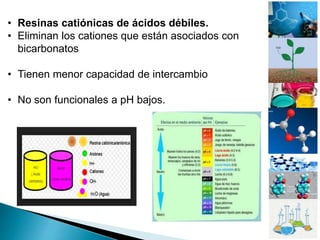 • Resinas catiónicas de ácidos débiles.
• Eliminan los cationes que están asociados con
bicarbonatos
• Tienen menor capacidad de intercambio
• No son funcionales a pH bajos.
 