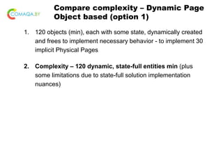 Compare complexity – Dynamic Page
Object based (option 1)
1. 120 objects (min), each with some state, dynamically created
and frees to implement necessary behavior - to implement 30
implicit Physical Pages
2. Complexity – 120 dynamic, state-full entities min (plus
some limitations due to state-full solution implementation
nuances)
 