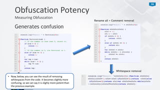16
Generates confusion
Obfuscation Potency
Measuring Obfuscation
Rename all + Comment removal
Whitespace removal
• Now, below, you can see the result of removing
whitespaces from the code. It becomes slightly more
confusing, so we can say it is slighly more potent than
the previous example.
 