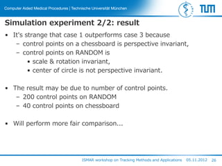 Simulation experiment 2/2: result
• It's strange that case 1 outperforms case 3 because
– control points on a chessboard is perspective invariant,
– control points on RANDOM is
• scale & rotation invariant,
• center of circle is not perspective invariant.
• The result may be due to number of control points.
– 200 control points on RANDOM
– 40 control points on chessboard
• Will perform more fair comparison...
ISMAR workshop on Tracking Methods and Applications 05.11.2012 26
 