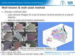 Well-known & well-used method
• Zhang's method [26]:
– uses several images of a set of known control points on a planar
objects.
– step-by-step parameters estimation.
MatLab Camera Calibration Toolbox [3]
ISMAR workshop on Tracking Methods and Applications 05.11.2012 7
[26] Z. Zhang, ICCV, 1999
[3] J. Y. Bouget, MatLab Camera Calibration Toolbox, 2008
 
