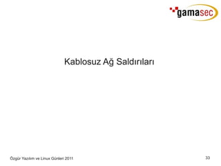 Kablosuz Ağ Saldırıları




Özgür Yazılım ve Linux Günleri 2011                     33
 