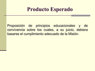 Producto Esperado Proposición de principios educacionales y de convivencia sobre los cuales, a su juicio, debiera basarse el cumplimiento adecuado de la Misión. 