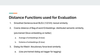 Distance Functions used for Evaluation
1. Smoothed Sentence-level BLEU (1/2/3/4): lexical similarity
2. Cosine distance of Bag-of-word Embeddings: distributed semantic similarity.
(pre-trained Glove embedding on twitter)
a. Average of embeddings (A-bow)
b. Extrema of embeddings (E-bow)
3. Dialog Act Match: illocutionary force-level similarity
a. (Use pre-trained dialog act tagger for tagging)
 
