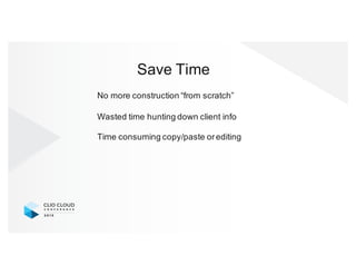 Save(Time
No(more(construction(“from(scratch”
Wasted(time(hunting(down(client(info
Time(consuming(copy/paste(or(editing
 