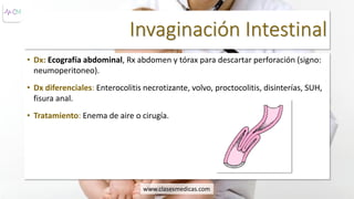 Invaginación Intestinal
• Dx: Ecografía abdominal, Rx abdomen y tórax para descartar perforación (signo:
neumoperitoneo).
• Dx diferenciales: Enterocolitis necrotizante, volvo, proctocolitis, disinterías, SUH,
fisura anal.
• Tratamiento: Enema de aire o cirugía.
www.clasesmedicas.com
 