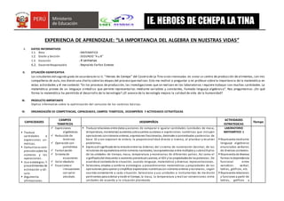 IE. HEROES DE CENEPA LA TINA
EXPERIENCIA DE APRENDIZAJE: “LA IMPORTANCIA DEL ALGEBRA EN NUESTRAS VIDAS”
I. DATOS INFORMATIVOS
1.1. Área : MATEMATICA
1.2. Grado y Sección : SEGUNDO “A y B”
1.3. Duración : 4 semanas
6.2. Docente Responsable : Reynaldo Farfan Esteves
II. SITUACIÓN SIGNIFICATIVA
Los estudiantes delsegundo grado de secundariade la I.E. “Heroes de Cenepa” del Caserio de La Tina estáninteresados de visitar un centro de producción de alimentos, con mis
compañeros de aula,nos dieron una charla sobrelas etapas del proceso querealizan.Esto me motivó a preguntar a mi profesor sobrela importancia de la matemática en
estas actividades y él me contestó: “En los procesos de producción, las investigaciones que se realizan en los laboratorios r equiere trabajar con muchas cantidades. La
matemática provee de un lenguaje simbólico que permite representarlas mediante variables y constantes, llamado lenguaje algebraico”. Nos preguntamos: ¿En qué
forma la matemática ha permitido el desarrollo de la tecnología? ¿El avance de la tecnología mejora la calidad de vida de la humanidad?
III. PRODUCTO IMPORTANTE
Díptico informativo sobre la optimización del consumo de los servicios básicos.
IV. ORGANIZACIÓN DE COMPETENCIAS, CAPACIDADES, CAMPOS TEMÁTICOS, DESEMPEÑOS Y ACTIVIDADES ESTRATÉGICAS
CAPACIDADES
CAMPOS
TEMÁTICOS
DESEMPEÑOS
ACTIVIDADES
ESTRATEGICAS
Tiempo
 Traduce
cantidades a
expresiones un-
méricas.
 Comunica sucom-
prensiónsobre los
números y las
operaciones.
 Usa estrategias Y
procedimientos de
estimación y cál-
culo.
 Argumenta
afirmaciones
 Expresiones
algebraicas
 Reducción de
terminos
 Operación con
polinómios
 Factorización
 Sistema de
ecuaciones
 Valor absoluto
 Ecuaciones e
inecuaciones
con valor
absoluto.
 Traduce relaciones entre datos yacciones de comparar e igualar cantidades (unidades de masa,
temperatura, monetarias) aumentos ydescuentos sucesivos a expresiones numéricas que incluyen
operaciones connúmeros enteros, expresiones fraccionarias, decimales o porcentuales ypotencias de
base 10 y con exponen-te entero, la proporcionalidad directa o inversa, al plantear y resolver
problemas.
 Expresa el significadode la relaciónentre los órdenes del sistema de numeración decimal, de las
relaciones de equivalencia entre números nacionales, lasequivalencias entre múltiplos y submúltiplos
de las unidades de tiempo, masa, temperatura y monetarias de diferentes países. Así como el
significadodel descuento o aumento porcentualsucesivo, el IGV ylas propiedadesde laspotencias. De
acuerdoal contextode la situación, usando lenguaje, matemático y diversas representaciones.
 Selecciona, emplea y combina estrategias y procedimientos matemáticos y propiedades de las
operaciones para operar ysimplificar expresiones numéricascon números enteros yracionales, según
sea más conveniente a cada situación. Selecciona y usa unidades e instrumentos de me dición
pertinentes para estimar ymedir el tiempo, la masa, la temperatura y realizar conversiones entre
unidades de acuerdo a la situación planteada.
LABORATORIO
MATEMÁTICO 1
 Representa mediante
lenguaje algebraico
enunciados verbales
de diversos contextos.
 Representa de diversas
formas la dependencia
funcional entre
variables: verbal,
tablas, gráficos, etc.
 Representa relaciones
y funciones a partir de
tablas, gráficos y
 