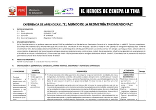 IE. HEROES DE CENEPA LA TINA
EXPERIENCIA DE APRENDIZAJE: “EL MUNDO DE LA GEOMETRÍA TRIDIMENSIONAL”
I. DATOS INFORMATIVOS
1.1. Área : MATEMATICA
1.2. Grado y Sección : SEGUNDO “A y B”
1.3. Duración : 4 semanas
6.5. Docente Responsable : Reynaldo Farfan Esteves
II. SITUACION SIGNIFICATIVA
En la clase de Historia, mi profesor mencionó que en 2009 la ciudad de Caral fue declarada Patrimonio Cultural de la Humanidad por la UNESCO. Con mis compañeros,
buscamos más información y encontramos que esta ciudad está situada en el valle de Supe, a 200 km. al norte de Lima y tiene una antigüedad de 5000 años. También
encontramos fotos de la ciudad y observamos la forma de la pirámidey otros sólidos geométricos en sus construcciones.Mis amigos y yo nos pusimos a pensar sobre los
conocimientos de geometría del espacio quelos antiguos peruanos necesitaron para construir esta ciudad. Nos preguntamos: ¿Qué formas geométricas se emplearon en
el diseño de la antigua ciudad deCaral? ¿Cómo crees que habrá sido la convivenciadelos antiguos pobladores de esta ciudad? ¿Consideras que la preservación de dicho
patrimonio cultural de la humanidad es tarea de todos?
III. PRODUCTO IMPORTANTE.
Boletín escolar sobre el cuidado del medio ambiente.
IV. ORGANIZACIÓN DE COMPETENCIAS, CAPACIDADES, CAMPOS TEMÁTICO, DESEMPEÑOS Y ACTIVIDADES ESTRATÉGICAS
CAPACIDADES
CAMPOS
TEMÁTICOS
DESEMPEÑOS
ACTIVIDADES
ESTRATEGICAS
Tiempo
 Traduce
cantidades a
expresiones un-
méricas.
 Comunica sucom-
prensiónsobre los
números y las
operaciones.
 Usa estrategias Y
procedimientos de
estimación y cál-
culo.
 Puntos
 Rectas y planos
 Angulos en el
espacio
 Poliedros
 Solidos
geométricos
.
 Traduce relaciones entre datos yacciones de comparar e igualar cantidades (unidades de masa,
temperatura, monetarias) aumentos ydescuentos sucesivos a expresiones numéricas que incluyen
operaciones connúmeros enteros, expresiones fraccionarias, decimales o porcentuales y potencias de
base 10 y con exponen-te entero, la proporcionalidad directa o inversa, al plantear y resolver
problemas.
 Expresa el significadode la relaciónentre los órdenes del sistema de numeración decimal, de las
relaciones de equivalencia entre números nacionales, las equivalencias entre múltiplos y submúltiplos
de las unidadesde tiempo, masa, temperatura ymonetarias de diferentes países. Así comoel significado
del descuento o aumento porcentual sucesivo, el IGV ylas propiedades de las potencias. De acuerdo al
contexto de la situación, usando lenguaje, matemático y diversas representaciones.
 Selecciona, emplea y combina estrategias y procedimientos matemáticos y propiedades de las
operaciones para operar ysimplificar expresiones numéricascon números enteros yracionales, según
sea más conveniente a cada situación. Selecciona y usa unidades e instrumentos de medición
LABORATORIO
MATEMÁTICO 1
 Establece relaciones de
paralelismo y
perpendicularidad
entre rectas y
segmentos.
 Define polígonos
regularese irregulares.
 Aplica traslaciones a
figuras geométricas
planas.
 Aplica rotaciones a
 