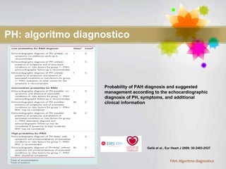 PH: algoritmo diagnostico Probability of PAH diagnosis and suggested management according to the echocardiographic diagnosis of PH, symptoms, and additional clinical information Galiè et al., Eur Heart J 2009; 30:2493-2537 