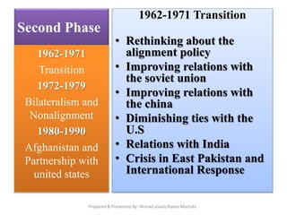 Second Phase
1962-1971 Transition
• Rethinking about the
alignment policy
• Improving relations with
the soviet union
• Improving relations with
the china
• Diminishing ties with the
U.S
• Relations with India
• Crisis in East Pakistan and
International Response
1962-1971
Transition
1972-1979
Bilateralism and
Nonalignment
1980-1990
Afghanistan and
Partnership with
united states
Prepared & Presented By: Ahmad snaan/Raees Mustafa
 