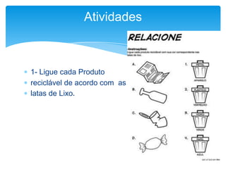  1- Ligue cada Produto
 reciclável de acordo com as
 latas de Lixo.
Atividades
 