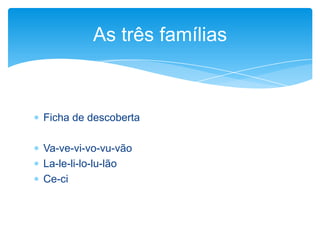  Ficha de descoberta
 Va-ve-vi-vo-vu-vão
 La-le-li-lo-lu-lão
 Ce-ci
As três famílias
 