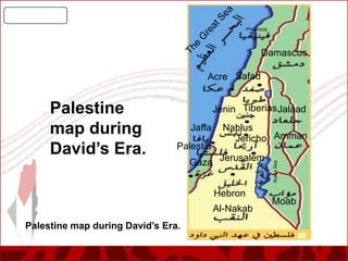 Phoenicia

Damascus
Acre Safad
Jenin Tiberias Jalaad
Jaffa
Palestia

Nablus
Jericho Amman

Gaza Jerusalem
Hebron
Al-Nakab

Palestine map during David’s Era.

Araba Sea

Palestine
map during
David’s Era.

Moab

 