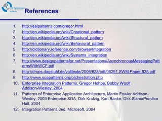 References

1.  http://eaipatterns.com/gregor.html
2.  http://en.wikipedia.org/wiki/Creational_pattern
3.  http://en.wikipedia.org/wiki/Structural_pattern
4.  http://en.wikipedia.org/wiki/Behavioral_pattern
5.  http://dictionary.reference.com/browse/Integration
6.  http://en.wikipedia.org/wiki/Systems_integration
7.  http://www.designpatternsfor.net/Presentations/AsynchronousMessagingPatt
    ernsWithWCF.pdf
8. http://drops.dagstuhl.de/volltexte/2006/828/pdf/06291.SWM.Paper.828.pdf
9. http://www.soapatterns.org/orchestration.php
10. Enterprise Integration Patterns, Gregor Hohpe, Bobby Woolf
    Addison-Wesley, 2004
11. Patterns of Enterprise Application Architecture, Martin Fowler Addison-
    Wesley, 2003 Enterprise SOA, Dirk Krafzig, Karl Banke, Dirk SlamaPrentice
    Hall, 2004
12. Integration Patterns 3ed, Microsoft, 2004
 