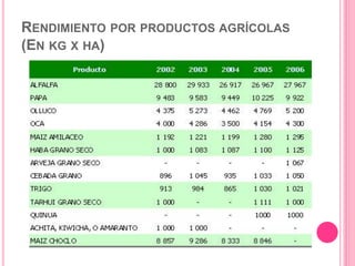 RENDIMIENTO POR PRODUCTOS AGRÍCOLAS
(EN KG X HA)
 