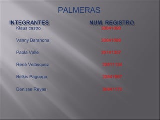 Klaus castro   30841090 Vanny Barahona   30841089 Paola Valle    30741307 René Velásquez   30811134   Belkis Pagoaga   30841667 Denisse Reyes   30841170   PALMERAS 