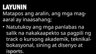 SAMPLE FOOTER TEXT
LAYUNIN
5
Matapos ang aralin, ang mga mag-
aaral ay inaasahang;
• Natutukoy ang mga panlabas na
salik na nakakaapekto sa pagpili ng
track o kursong akademik, teknikal-
bokasyonal, sining at disenyo at
isports.
 
