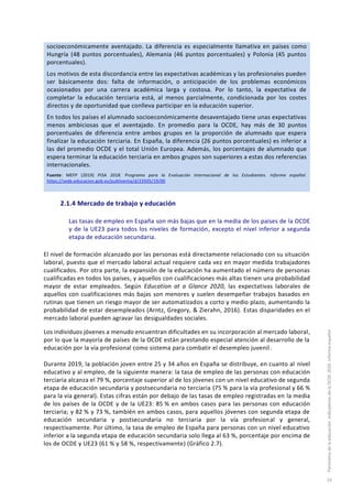 socioeconómicamente aventajado. La diferencia es especialmente llamativa en países como
Hungría (48 puntos porcentuales), Alemania (46 puntos porcentuales) y Polonia (45 puntos
porcentuales).
Los motivos de esta discordancia entre las expectativas académicas y las profesionales pueden
ser básicamente dos: falta de información, o anticipación de los problemas económicos
ocasionados por una carrera académica larga y costosa. Por lo tanto, la expectativa de
completar la educación terciaria está, al menos parcialmente, condicionada por los costes
directos y de oportunidad que conlleva participar en la educación superior.
En todos los países el alumnado socioeconómicamente desaventajado tiene unas expectativas
menos ambiciosas que el aventajado. En promedio para la OCDE, hay más de 30 puntos
porcentuales de diferencia entre ambos grupos en la proporción de alumnado que espera
finalizar la educación terciaria. En España, la diferencia (26 puntos porcentuales) es inferior a
las del promedio OCDE y el total Unión Europea. Además, los porcentajes de alumnado que
espera terminar la educación terciaria en ambos grupos son superiores a estas dos referencias
internacionales.
Fuente: MEFP (2019) PISA 2018. Programa para la Evaluación Internacional de los Estudiantes. Informe español.
https://sede.educacion.gob.es/publiventa/d/23505/19/00
2.1.4 Mercado de trabajo y educación
Las tasas de empleo en España son más bajas que en la media de los países de la OCDE
y de la UE23 para todos los niveles de formación, excepto el nivel inferior a segunda
etapa de educación secundaria.
El nivel de formación alcanzado por las personas está directamente relacionado con su situación
laboral, puesto que el mercado laboral actual requiere cada vez en mayor medida trabajadores
cualificados. Por otra parte, la expansión de la educación ha aumentado el número de personas
cualificadas en todos los países, y aquellos con cualificaciones más altas tienen una probabilidad
mayor de estar empleados. Según Education at a Glance 2020, las expectativas laborales de
aquellos con cualificaciones más bajas son menores y suelen desempeñar trabajos basados en
rutinas que tienen un riesgo mayor de ser automatizados a corto y medio plazo, aumentando la
probabilidad de estar desempleados (Arntz, Gregory, & Zierahn, 2016). Estas disparidades en el
mercado laboral pueden agravar las desigualdades sociales.
Los individuos jóvenes a menudo encuentran dificultades en su incorporación al mercado laboral,
por lo que la mayoría de países de la OCDE están prestando especial atención al desarrollo de la
educación por la vía profesional como sistema para combatir el desempleo juvenil.
Durante 2019, la población joven entre 25 y 34 años en España se distribuye, en cuanto al nivel
educativo y al empleo, de la siguiente manera: la tasa de empleo de las personas con educación
terciaria alcanza el 79 %, porcentaje superior al de los jóvenes con un nivel educativo de segunda
etapa de educación secundaria y postsecundaria no terciaria (75 % para la vía profesional y 66 %
para la vía general). Estas cifras están por debajo de las tasas de empleo registradas en la media
de los países de la OCDE y de la UE23: 85 % en ambos casos para las personas con educación
terciaria; y 82 % y 73 %, también en ambos casos, para aquellos jóvenes con segunda etapa de
educación secundaria y postsecundaria no terciaria por la vía profesional y general,
respectivamente. Por último, la tasa de empleo de España para personas con un nivel educativo
inferior a la segunda etapa de educación secundaria solo llega al 63 %, porcentaje por encima de
los de OCDE y UE23 (61 % y 58 %, respectivamente) (Gráfico 2.7).
Panoramadelaeducación.IndicadoresdelaOCDE2020.Informeespañol
53
 