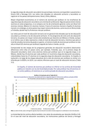 la segunda etapa de educación secundaria los porcentajes menores corresponden nuevamente a
Grecia (10) y Noruega (11). Las ratios más elevadas en educación primaria y secundaria se
registran en los países latinoamericanos: Brasil, Chile y México.
Mayor disparidad encontramos en el número de alumnos por profesor en las enseñanzas de
segunda etapa de educación secundaria con orientación profesional. Algunos países tienen menos
alumnos en estos programas, si se compara con los de orientación general, como son Brasil (12
alumnos menos), México (11 alumnos menos), Francia (5 alumnos menos) y España (3 alumnos
menos); sin embargo, en otros países hay mayor número de alumnos, como ocurre en Reino Unido
y Finlandia, donde hay 9 y 8 alumnos más por profesor.
Las ratios para el nivel de educación terciaria son en general más elevadas que las de educación
secundaria y similares a las de educación primaria. En los programas de ciclo corto de educación
terciaria, los países con mayor número de estudiantes por docente son México e Irlanda, aunque
en el último caso el dato representa a todo el nivel de educación terciaria, mientras que para el
nivel de estudios terciarios de grado o superior, el número medio de alumnos por profesor es más
alto en Brasil (25 alumnos por profesor) seguido de Italia e Irlanda, con 20.
Comparando las dos etapas de los programas generales de educación secundaria observamos
diferencias entre ellas en países como, por ejemplo, Finlandia, que, en la primera etapa de
educación secundaria, tiene cinco alumnos menos por profesor que en la segunda etapa, o en
México, donde hay 33 alumnos por cada profesor en la primera etapa de educación secundaria,
reduciéndose hasta los 27 alumnos en la segunda etapa de educación secundaria. En España, la
evolución a lo largo de las etapas educativas de la ratio de alumnos por profesor es similar a la
ofrecida por la OCDE y la UE23, con valores inferiores para el nivel de educación terciaria (Tabla
3.3).
En España, el número de alumnos por profesor es inferior en los centros de titularidad
pública en relación con los de titularidad privada. Por cada profesor hay 10 alumnos en
un centro público y 15 alumnos en un centro privado de educación secundaria.
Gráfico 3.4 (extracto de la Tabla D2.2)
Ratio alumnos/profesor en educación secundaria (primera y segunda etapa) en instituciones públicas y privadas (2018)
Por titularidad, cálculos basados en equivalente a tiempo completo
Nota: Los datos de Italia, Japón y Portugal de segunda etapa de educación secundaria incluyen programas no clasificados en este nivel educativo.
La titularidad de los centros afecta también a las ratios de estudiantes por docente (Gráfico 3.4).
En el caso del nivel de educación secundaria, las instituciones públicas de Grecia y Portugal
9 9 10 10 11 11 12 12 13 13 13 13 13
16 16 17 17
26
32
8
11 11
15
8
11
13 13
14
12 12
18
10
17
23
19
16
0
5
10
15
20
25
30
35
Instituciones públicas Instituciones privadas
Ratioalumnos/profesor
Panoramadelaeducación.IndicadoresdelaOCDE2020.Informeespañol
96
 