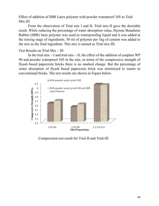 44
Effect of addition of SBR Latex polymer with powder waterproof 105 as Trial
Mix-III
From the observation of Trial mix I and II, Trial mix-II gave the desirable
result. While reducing the percentage of water absorption value, Styrene Butadiene
Rubber (SBR) latex polymer was used as waterproofing liquid and it was added at
the mixing stage of ingredients. 50 ml of polymer per 1kg of cement was added to
the mix as the final ingredient. This mix is named as Trial mix-III.
Test Results on Trial Mix – III
In the trial mix – I and trial mix – II, the effect of the addition of conplast WP
90 and powder waterproof 105 in the mix, in terms of the compressive strength of
flyash based papercrete bricks there is no marked change. But the percentage of
water absorption of flyash based papercrete brick was minimized to nearer to
conventional bricks. The test results are shown in Figure below.
Compression test result for Trial-II and Trial-III
 
