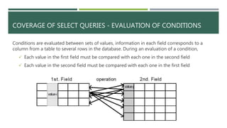 COVERAGE OF SELECT QUERIES - EVALUATION OF CONDITIONS
Conditions are evaluated between sets of values, information in each field corresponds to a
column from a table to several rows in the database. During an evaluation of a condition,
 Each value in the first field must be compared with each one in the second field
 Each value in the second field must be compared with each one in the first field
 