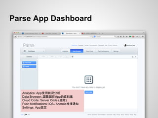 Parse App Dashboard
Analytics: App使用狀況分析
Data Browser: 瀏覽儲存App的資料庫
Cloud Code: Server Code (進階)
Push Notifications: iOS、Android推播通知
Settings: App設定
 