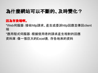 為什麼網站可以不斷的、及時變化？
因為有後端啊。
*Web伺服器：接收http請求、產生或委派http回應並傳回client
端
*應用程式伺服器：根據使用者的請求產生相對的回應
資料庫：像一張巨大的Excel表，存各地來的資料
 