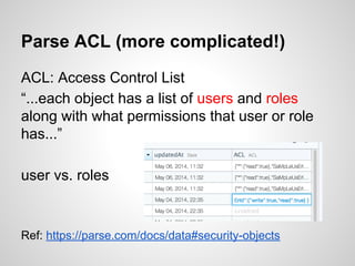 Parse ACL (more complicated!)
ACL: Access Control List
“...each object has a list of users and roles
along with what permissions that user or role
has...”
user vs. roles
Ref: https://parse.com/docs/data#security-objects
 