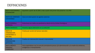 DEFINICIONES
PARTO POSTERMINO/
POSMADURO
Expulsión a partir de 42 SDG o más a partir del primer día posterior a la UFM
PARTO DE COMIENZO
ESPONTÁNEO
Inicio sin interrupción de agentes externos
PARTO NORMAL/
EUTÓCICO
Evoluciona con todos sus parámetros dentro de los límites fisiológicos
PARTO DISTÓCICO Presenta alguna alteración en su evolución
PARTO DE
TERMINACIÓN
ESPONTÁNEA O
NATURAL
Finaliza por acción de fuerzas naturales
PARTO DE
TERMINACIÓN
ARTIFICIAL
Finaliza con intervención manual o instrumental
PARTO MÉDICO
DIRIGIDO/
CORREGIDO
Inicio espontáneo con la suma de amniotomía precoz y/o administración a la madre de oxitóxicos,
analgésicos o tranquilizantes
 