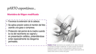 Maniobra de Ritgen modificada
• Favorece la extensión de la cabeza.
• Se aplica presión sobre el mentón del feto
usando una gasa o compresa.
• Protección del periné de la madre cuando
la vía del nacimiento es vaginal y
en presentación cefálica, pretendiéndose
evitar especialmente los desgarros
perineales.
pARTO espontáneo…
 