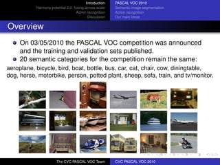 Introduction   PASCAL VOC 2010
           Harmony potential 2.0: fusing across scale    Semantic image segmentation
                                   Action recognition    Action recognition
                                           Discussion    Our main ideas


Overview
     On 03/05/2010 the PASCAL VOC competition was announced
     and the training and validation sets published.
     20 semantic categories for the competition remain the same:
aeroplane, bicycle, bird, boat, bottle, bus, car, cat, chair, cow, diningtable,
dog, horse, motorbike, person, potted plant, sheep, sofa, train, and tv/monitor.




                       The CVC PASCAL VOC Team           CVC PASCAL VOC 2010
 