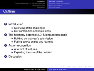 Introduction   PASCAL VOC 2010
          Harmony potential 2.0: fusing across scale    Semantic image segmentation
                                  Action recognition    Action recognition
                                          Discussion    Our main ideas


Outline


 1   Introduction
         Overview of the challenges
         Our contribution and main ideas
 2   The harmony potential 2.0: fusing across scale
         Building on last year’s submission
         Fusing across scales and learning
 3   Action recognition
         A torrent of features
         Exploiting the size of the problem
 4   Discussion



                      The CVC PASCAL VOC Team           CVC PASCAL VOC 2010
 