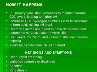 HOW IT HAPPENS Pulmonary ventilation increases to maintain normal C02 levels, leading to higher pH Increased ECF hydrogen combines with bicarbonate to form acid, raising pH level Heart rate increases, blood to brain decreases, and autonomic nervous system overexcites Continued low Paco2 and vaso-constriction increase hypoxia Alkalosis oerwhelmes CNS and heart KEY SIGNS AND SYMPTOMS Deep, rapid breathing Light-headedness or dizziness Agitation Paresthesia  
