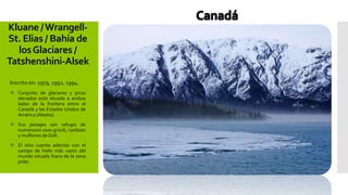 Kluane /Wrangell-
St. Elias / Bahía de
losGlaciares /
Tatshenshini-Alsek
Inscrito en: 1979, 1992, 1994.
 Conjunto de glaciares y picos
elevados está situado a ambos
lados de la frontera entre el
Canadá y los Estados Unidos de
América (Alaska).
 Sus paisajes son refugio de
numerosos osos grizzli, caribúes
y muflones de Dall.
 El sitio cuenta además con el
campo de hielo más vasto del
mundo situado fuera de la zona
polar.
 