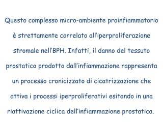 Questo complesso micro-ambiente proinfiammatorio è strettamente correlato all’iperproliferazione stromale nell’BPH. Infatti, il danno del tessuto prostatico prodotto dall’infiammazione rappresenta un processo cronicizzato di cicatrizzazione che attiva i processi iperproliferativi esitando in una riattivazione ciclica dell’infiammazione prostatica.  