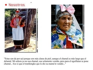 &quot;Estas son de por acá porque son más claras de piel, aunque el chamal es más largo que el delantal. Mi señora ya no usa chamal, usa solamente vestido, pero para el nguillatun se pone chamal... Eso si que el trarülongko que le dio su mamá lo vendió...&quot; 