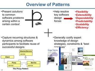 Overview of Patterns Present  solutions  to common software  problems  arising within a certain  context Capture recurring structures & dynamics among software participants to facilitate reuse of successful designs The Proxy Pattern 1 1 Proxy service Service service AbstractService service Client Help resolve key software design forces Flexibility Extensibility Dependability Predictability Scalability Efficiency Generally codify expert knowledge of design strategies, constraints & “best practices” 