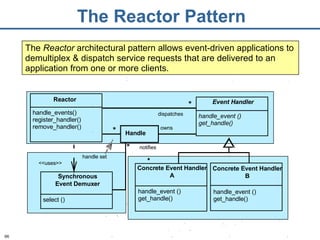 The Reactor Pattern The  Reactor  architectural pattern allows event-driven applications to demultiplex & dispatch service requests that are delivered to an application from one or more clients. Handle owns dispatches * notifies * * handle set Reactor handle_events() register_handler() remove_handler() Event Handler handle_event () get_handle() Concrete Event Handler A handle_event () get_handle() Concrete Event Handler B handle_event () get_handle() Synchronous Event Demuxer select () <<uses>> 
