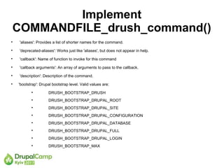 Implement
COMMANDFILE_drush_command()

    'aliases': Provides a list of shorter names for the command.

    'deprecated-aliases': Works just like 'aliases', but does not appear in help.

    'callback': Name of function to invoke for this command

    'callback arguments': An array of arguments to pass to the callback.

    'description': Description of the command.

    'bootstrap': Drupal bootstrap level. Valid values are:
           
                     DRUSH_BOOTSTRAP_DRUSH
           
                     DRUSH_BOOTSTRAP_DRUPAL_ROOT
           
                     DRUSH_BOOTSTRAP_DRUPAL_SITE
           
                     DRUSH_BOOTSTRAP_DRUPAL_CONFIGURATION
           
                     DRUSH_BOOTSTRAP_DRUPAL_DATABASE
           
                     DRUSH_BOOTSTRAP_DRUPAL_FULL
           
                     DRUSH_BOOTSTRAP_DRUPAL_LOGIN
           
                     DRUSH_BOOTSTRAP_MAX
 