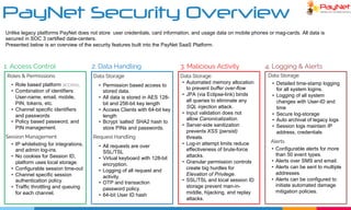 PayNet Security Overview
1. Access Control
Roles & Permissions
• Role based platform access.
• Combination of identifiers:
User-name, email, mobile,
PIN, tokens, etc.
• Channel specific identifiers
and passwords
• Policy based password, and
PIN management.
Session Management
2. Data Handling
• IP whitelisting for integrations,
and admin log-ins.
• No cookies for Session ID,
platform uses local storage.
• Configurable session time-out
• Channel specific session
authentication policy.
• Traffic throttling and queuing
for each channel.
• Permission based access to
stored data.
• All data is stored in AES 128-
bit and 256-bit key length
• Access Clients with 64-bit key
length
• Bcrypt ‘salted’ SHA2 hash to
store PINs and passwords.
Request Handling
• All requests are over
SSL/TSL
• Virtual keyboard with 128-bit
encryption.
• Logging of all request and
activity.
• OTP and transaction
password policy.
• 64-bit User ID hash
Data Storage
3. Malicious Activity
• Automated memory allocation
to prevent buffer over-flow
• JPA (via Eclipse-link) binds
all queries to eliminate any
SQL injection attack.
• Input validation does not
allow Canonicalization.
• Server-side sanitization
prevents XSS (persist)
threats.
• Log-in attempt limits reduce
effectiveness of brute-force
attacks.
• Granular permission controls
create big hurdles for
Elevation of Privilege.
• SSL/TSL and local session ID
storage prevent man-in-
middle, hijacking, and replay
attacks.
• Detailed time-stamp logging
for all system logins.
• Logging of all system
changes with User-ID and
time
• Secure log-storage
• Auto archival of legacy logs
• Session logs maintain IP
address, credentials
Data StorageData Storage
4. Logging & Alerts
Alerts
• Configurable alerts for more
than 50 event types.
• Alerts over SMS and email.
• Alerts can be sent to multiple
addresses.
• Alerts can be configured to
initiate automated damage
mitigation policies.
Unlike legacy platforms PayNet does not store user credentials, card information, and usage data on mobile phones or mag-cards. All data is
secured in SOC 3 certified data-centers.
Presented below is an overview of the security features built into the PayNet SaaS Platform.
 