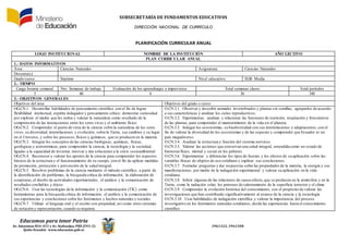 SUBSECRETARÍA DE FUNDAMENTOS EDUCATIV0S
DIRECCIÓN NACIONAL DE CURRÍCULO
Educamos para tener Patria
Av. Amazonas N34-451 y Av. Atahualpa, PBX (593-2) 3961322, 3961508
Quito-Ecuador www.educacion.gob.ec
PLANIFICACIÓN CURRICULAR ANUAL
LOGO INSTITUCIONAL NOMBRE DE LA INSTITUCIÓN AÑO LECTIVO
PLAN CURRICULAR ANUAL
1.- DATOS INFORMATIVOS
Área: Ciencias Naturales Asignatura: Ciencias Naturales
Docente(s):
Grado/curso: Séptimo Nivel educativo: EGB Media
2.- TIEMPO
Carga horaria semanal Nro. Semanas de trabajo Evaluación de los aprendizajes e imprevistos Total semanas clases Total períodos
5 40 4 36 180
3.- OBJETIVOS GENERALES
Objetivos del área Objetivos del grado o curso
OG.CN.1. Desarrollar habilidades de pensamiento científico con el fin de lograr
flexibilidad intelectual, espíritu indagador y pensamiento crítico; demostrar curiosidad
por explorar el medio que les rodea y valorar la naturaleza como resultado de la
comprensión de las interacciones entre los seres vivos y el ambiente físico.
OG.CN.2. Comprender el punto de vista de la ciencia sobre la naturaleza de los seres
vivos, su diversidad, interrelaciones y evolución; sobre la Tierra, sus cambios y su lugar
en el Universo, y sobre los procesos,físicos y químicos, que se producen en la materia.
OG.CN.3. Integrar los conceptos de las ciencias biológicas, químicas, físicas,
geológicas y astronómicas, para comprender la ciencia, la tecnología y la sociedad,
ligadas a la capacidad de inventar, innovar y dar soluciones a la crisis socioambiental.
OG.CN.4. Reconocer y valorar los aportes de la ciencia para comprender los aspectos
básicos de la estructura y el funcionamiento de su cuerpo, con el fin de aplicar medidas
de promoción, protección y prevención de la salud integral.
OG.CN.5. Resolver problemas de la ciencia mediante el método científico, a partir de
la identificación de problemas, la búsqueda crítica de información, la elaboración de
conjeturas,el diseño de actividades experimentales, el análisis y la comunicación de
resultados confiables y éticos.
OG.CN.6. Usar las tecnologías de la información y la comunicación (TIC) como
herramientas para la búsqueda crítica de información, el análisis y la comunicación de
sus experiencias y conclusiones sobre los fenómenos y hechos naturales y sociales.
OG.CN.7. Utilizar el lenguaje oral y el escrito con propiedad, así como otros sistemas
de notación y representación, cuando se requiera.
O.CN.3.1. Observar y describir animales invertebrados y plantas sin semillas; agruparlos de acuerdo
a sus características y analizar los ciclos reproductivos.
O.CN.3.2. Experimentar, analizar y relacionar las funciones de nutrición, respiración y fotosíntesis
de las plantas, para comprender el mantenimiento de la vida en el planeta.
O.CN.3.3. Indagar los ecosistemas, su biodiversidad con sus interrelaciones y adaptaciones,con el
fin de valorar la diversidad de los ecosistemas y de las especies y comprender que Ecuador es un
país megadiverso.
O.CN.3.4. Analizar la estructura y función del sistema nervioso.
O.CN.3.5. Valorar las acciones que conservan una salud integral, entendida como un estado de
bienestarfísico, mental y social en los púberes.
O.CN.3.6. Experimentar y diferenciar los tipos de fuerzas y los efectos de su aplicación sobre las
variables físicas de objetos de uso cotidiano y explicar sus conclusiones.
O.CN.3.7. Formular preguntas y dar respuestas sobre las propiedades de la materia, la energía y sus
manifestaciones, por medio de la indagación experimental y valorar su aplicación en la vida
cotidiana.
O.CN.3.8. Inferir algunas de las relaciones de causa-efecto,que se producen en la atmósfera y en la
Tierra, como la radiación solar, los patrones de calentamiento de la superficie terrestre y el clima.
O.CN.3.9. Comprender la evolución histórica del conocimiento, con el propósito de valorar las
investigaciones que han contribuido significativamente al avance de la ciencia y la tecnología.
O.CN.3.10. Usar habilidades de indagación científica y valorar la importancia del proceso
investigativo en los fenómenos naturales cotidianos, desde las experiencias hasta el conocimiento
científico.
 